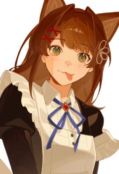  1girl :3 :p animal_ears apron black_jacket blue_ribbon brown_eyes brown_hair brown_ribbon closed_mouth commentary dutch_angle english_commentary frilled_apron frills hair_intakes hair_ribbon jacket light_blush looking_at_viewer medium_hair neck_ribbon original photo-referenced puffy_short_sleeves puffy_sleeves ribbon shinyshynii shirt short_sleeves simple_background smile solo swept_bangs tongue tongue_out upper_body white_apron white_background white_shirt wolf_ears wolf_girl 