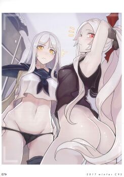  2girls ^^^ absurdres abyssal_ship adjusting_hair armored_aircraft_carrier_oni armpits ass black_panties blush bottomless breasts crop_top crop_top_overhang duplicate gluteal_fold groin highres kantai_collection long_hair looking_at_viewer medium_breasts multiple_girls naked_shirt navel neckerchief no_pants panties panty_pull ponytail pulling_own_clothes red_eyes scan school_uniform serafuku shirt silver_hair sleeveless sleeveless_shirt small_breasts stomach surprised sweatdrop ta-class_battleship thighs tying_hair underwear undressing very_long_hair viewfinder walzrj yellow_eyes 