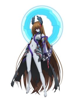  1girl absurdres armor barefoot blindfold brown_hair colored_skin commentary_request convenient_censoring corruption dark_persona detached_sleeves faulds full_body gauntlets grey_skin halo highres long_hair lyrical_nanoha mahou_shoujo_lyrical_nanoha nachtwal navel oshimaru026 pile_bunker plantar_flexion revealing_clothes snake solo very_long_hair waist_cape white_background yagami_hayate 