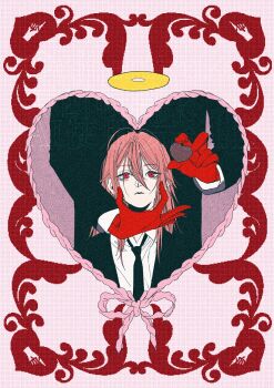  2boys androgynous angel_devil_(chainsaw_man) black_jacket black_necktie chainsaw_man closed_mouth collared_shirt commentary_request gloves hair_between_eyes halo hand_on_another's_chin happy_valentine hayakawa_aki heart_frame highres jacket long_hair looking_at_viewer male_focus multiple_boys necktie red_eyes red_gloves red_hair shirt suit_jacket traditional_halo ujiiemiruka upper_body white_shirt yaoi 