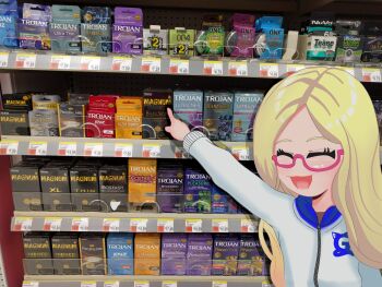  1girl :3 :d aisle arm_up blonde_hair buying_condoms closed_eyes condom condom_box eyelashes feet_out_of_frame forehead gelbooru gelbooru-tan glasses gradient_hair happy highres leepicmochi long_hair long_sleeves meme multicolored_hair non-web_source open_mouth orange_hair photo_background pointing shadow smile solo sweater two-tone_hair unepicroachy upper_body zipper zipper_pull_tab 