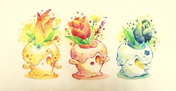  alternate_color blue_flower blue_tulip closed_mouth commentary_request flower full_body gen_5_pokemon highres litwick nintendo no_humans open_mouth orange_flower orange_tulip outstretched_arms painting_(medium) pokemon pokemon_(creature) red_flower red_tulip simple_background smile spread_arms traditional_media tulip watercolor_(medium) yellow_eyes yukichi_0611 