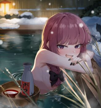  1girl absurdres agm black_bow black_nails blush bocchi_the_rock! bow braid breasts bucket commentary_request cup fang hair_bow hair_over_breasts highres hiroi_kikuri lantern long_hair looking_at_viewer medium_breasts nail_polish nude onsen open_mouth partially_submerged purple_eyes purple_hair sakazuki smile snow snowing solo steam tokkuri very_long_fingernails water wooden_bucket wooden_lantern 