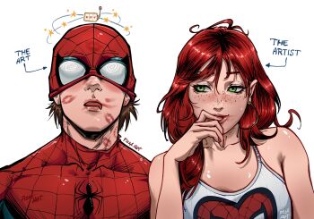  1boy 1girl @_@ after_kiss aroused blush brown_hair couple dazed drooling finger_in_own_mouth freckles highres lipstick lipstick_mark lipstick_mark_on_another's_lips lipstick_mark_on_face lipstick_mark_on_neck makeup marvel mary_jane_watson mask mask_up messy_hair open_mouth peter_parker pizza990 red_hair seeing_stars simple_background smeared_lipstick spider-man spider-man_(series) spider_web_print spiral-only_eyes star_(symbol) tank_top upper_body 