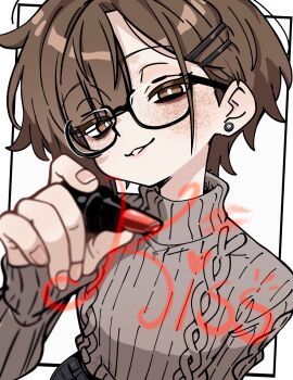 1girl ai-assisted asami-chan black-framed_eyewear bright_pupils brown_eyes brown_hair cross cross_necklace drawing_on_fourth_wall earrings freckles grin highres holding hozuki_asami_(asami-chan) jewelry long_sleeves looking_at_viewer necklace original short_hair smile solo sweater third-party_edit turtleneck turtleneck_sweater upper_body rating:General score:8 user:danbooru