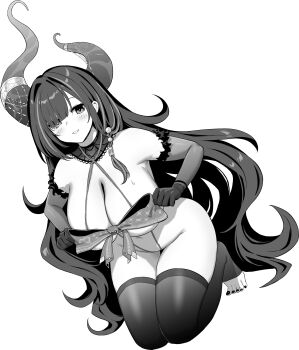  1girl azur_lane azur_lane:_slow_ahead black_nails black_thighhighs blush bow bow_bra bra breasts cleavage commentary_request elbow_gloves gloves greyscale groin highleg highleg_panties highres hori_(hori_no_su) horns large_breasts long_hair looking_at_viewer monochrome multicolored_hair official_alternate_costume official_art panties parted_lips queen_anne's_revenge_(azur_lane) queen_anne's_revenge_(call_of_the_creeping_embrace)_(azur_lane) ribbon_as_bra simple_background solo streaked_hair thighhighs toeless_legwear underwear very_long_hair white_background  rating:Sensitive score:3 user:danbooru