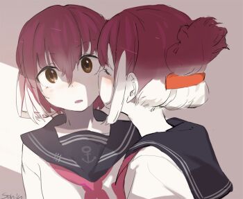  2girls anchor_symbol black_sailor_collar blush brown_eyes closed_eyes folded_ponytail ikazuchi_(kancolle) inazuma_(kancolle) kantai_collection kiss kissing_cheek looking_at_viewer multiple_girls neckerchief parted_lips red_hair red_neckerchief romaji_commentary sailor_collar school_uniform serafuku short_hair sidelocks signature simple_background sohin upper_body yuri 