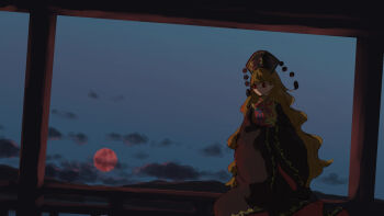  1girl black_dress blonde_hair cloud cloudy_sky commentary_request dalachi_(headdress) dress dusk full_moon highres junko_(touhou) kahayu4 long_hair looking_to_the_side moon night own_hands_together pom_pom_(clothes) red_tabard sky solo tabard touhou wide_sleeves 