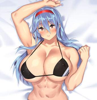  1girl 23_(real_xxiii) abs bikini black_bikini breasts brown_eyes collarbone comiket_105 covered_erect_nipples dakimakura_(medium) gakuen_taisen_valkyries glasses grey_hair hairband large_breasts lips long_hair lying muscular muscular_female navel on_back red_hairband sabra_greengold solo sweat swimsuit 