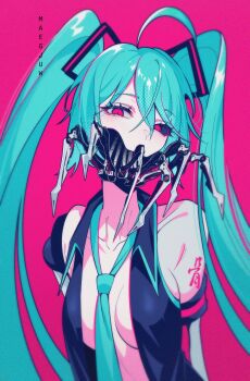  ahoge amputee aqua_hair aqua_necktie arm_tattoo artist_name between_breasts black_sclera breasts calne_ca_(deino) collared_shirt colored_sclera hair_ornament hatsune_miku highres long_hair maegjuw mechabare medium_breasts mismatched_sclera missing_limb necktie necktie_between_breasts no_bra open_clothes open_shirt pink_background pink_eyes shirt simple_background sleeveless tattoo twintails upper_body vocaloid  rating:Sensitive score:20 user:Menace5