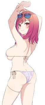  absurdres ahoge alternate_costume arms_up bikini breasts butt_crack closed_mouth commentary_request hair_ornament hairpin highres hololive hololive_dev_is ichijou_ririka jewelry large_breasts long_hair looking_at_viewer looking_back multiple_hairpins norigure18 pink_hair pink_nails ring shoulder_blades simple_background smile solo standing sunglasses swimsuit thigh_strap virtual_youtuber white_background white_bikini 