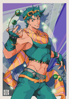  1boy battle_tendency belt bloody_stream clacker crop_top fingerless_gloves gloves goggles goggles_on_head green_eyes green_gloves green_hair green_pants highres hineshika jojo_no_kimyou_na_bouken joseph_joestar joseph_joestar_(young) multiple_belts muscular muscular_male orange_belt pants scarf short_hair smile solo striped_clothes striped_scarf teeth 