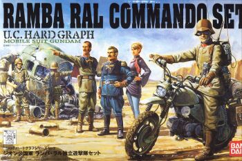  1980s_(style) 1990s_(style) 1girl 5boys absurdres army assault_rifle backpack bag bandai belt blonde_hair boots box_art brown_hair bullet_hole cable character_name combat_boots combat_helmet copyright_notice crowley_hamon damaged debris desert dirty epaulettes facial_hair goggles gun gundam gunpla hand_on_own_hip helmet highres holster machine_gun machinery mecha military_combat_uniform military_uniform mixed-language_text mobile_suit mobile_suit_gundam model_kit motor_vehicle motorcycle multiple_boys mustache oldschool painting_(medium) pointing pointing_forward radio radio_antenna ramba_ral realistic red_scarf retro_artstyle riding rifle robot rx-78-2_gundam sand scan scarf scene_reference science_fiction shell_casing soldier takani_yoshiyuki title traditional_media weapon wreckage zaku_ii zeon 