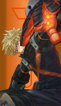  1boy absurdres badge bakugou_katsuki belt belt_buckle black_belt black_gloves black_jumpsuit black_pants blonde_hair blurry blurry_foreground boku_no_hero_academia buckle clenched_teeth commentary_request explosive foreshortening from_side furrowed_brow gloves glowing gradient_background grenade high_collar highres imminent_explosion jumpsuit knee_pads looking_at_viewer looking_to_the_side male_focus multicolored_gloves official_alternate_costume orange_background orange_gloves outstretched_arms pants partial_commentary pouch reaching reaching_towards_viewer red_eyes revision serious short_hair single_horizontal_stripe snap-fit_buckle solo sparkle spiked_hair teeth thigh_pouch two-sided_gloves v-shaped_eyebrows x_(symbol) yomoyama_yotabanashi 