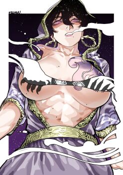  1girl a_world_underneath absurdres arnanra breast_tattoo breasts breasts_apart character_request check_character convenient_censoring covered_erect_nipples cowboy_shot earrings from_below gold_trim hair_between_eyes highres hood hood_up hooded_robe hoop_earrings jewelry large_breasts looking_at_viewer minoan_clothes mole mole_on_arm mole_on_breast mole_on_stomach mole_under_eye mole_under_mouth multiple_moles night night_sky open_clothes open_mouth open_robe original outside_border parted_lips pink_eyes purple_robe purple_tattoo ringed_eyes robe sky smoke_from_mouth solo star_(sky) starry_sky tattoo 