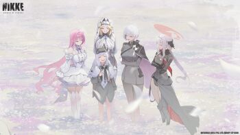  5girls absurdres black_bow black_cape black_dress black_shirt black_skirt blonde_hair bow breasts cape capelet closed_eyes closed_mouth dorothy_(nikke) dress field flower flower_field goddess_of_victory:_nikke goggles goggles_on_head grey_hair halo headpiece highres large_breasts liliweiss_(nikke) lily_(flower) long_hair long_sleeves multiple_girls official_art open_mouth outdoors pink_hair poncho red_halo scarlet_(black_shadow)_(nikke) scarlet_(nikke) shirt skirt smile snow_white_(innocent_days)_(nikke) snow_white_(nikke) standing white_capelet white_dress white_flower white_hair 