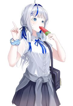  1girl @_@ absurdres aokumo_rin bag black_ribbon black_skirt blue_eyes blue_ribbon cardigan cardigan_around_waist clothes_around_waist collared_shirt cowboy_shot eating food food_in_mouth grey_cardigan grey_hair hair_ornament hair_ribbon hands_up headphones headphones_around_neck highres holding holding_food holding_popsicle index_finger_raised indoors korean_commentary long_hair modon_(abwqe12132) multicolored_hair neck_ribbon notched_ear pleated_skirt polka_dot polka_dot_scrunchie popsicle ribbon school_bag school_uniform scrunchie shirt shirt_tucked_in short_sleeves shoulder_bag simple_background skirt solo standing stellive streaked_hair sweat twintails virtual_youtuber white_background white_shirt wing_collar wrist_scrunchie x_hair_ornament 