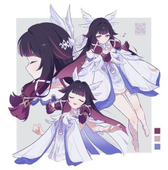  1girl black_hair bow closed_eyes closed_mouth color_guide colored_inner_hair columbina_(genshin_impact) commentary_request dress genshin_impact gradient_hair grey_background hair_intakes hair_ribbon head_wings long_hair looking_at_viewer multicolored_hair multiple_views musical_note ninji665102 open_mouth purple_eyes purple_hair purple_streaks qr_code ribbon sidelocks thigh_strap two-tone_background two-tone_hair white_background white_bow white_dress white_ribbon white_wings wings 