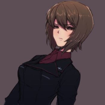  1girl black_jacket breast_pocket breasts brown_background brown_eyes brown_hair closed_mouth commentary_request cross eyes_visible_through_hair girls_und_panzer hair_between_eyes iron_cross jacket kuromorimine_military_uniform large_breasts long_sleeves looking_at_viewer military military_jacket military_uniform mityubi nishizumi_maho pocket red_shirt serious shirt short_hair simple_background solo upper_body 
