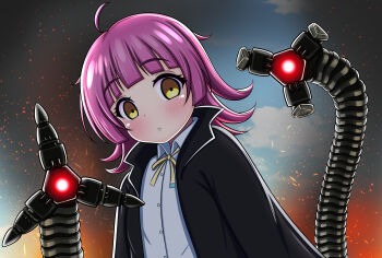  1girl absurdres ahoge black_coat blue_sky blunt_bangs blunt_ends blush buttons closed_mouth cloud cloudy_sky coat collared_shirt commentary cosplay day doctor_octopus doctor_octopus_(cosplay) english_commentary expressionless fire ganmodoki_(gnm_rx178) glowing glowing_eye highres kishimen_hair light_particles long_sleeves looking_at_viewer love_live! love_live!_nijigasaki_high_school_idol_club marvel mechanical_arms medium_hair mixed-language_commentary neck_ribbon open_clothes open_coat outdoors pink_hair red_eyes ribbon shirt sky smoke smoke_trail solo spider-man:_no_way_home spider-man_(series) spider-man_2_(2004) tennoji_rina trench_coat upper_body white_shirt yellow_eyes yellow_ribbon 