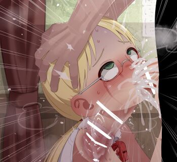  1boy 1girl absurdres bar_censor blonde_hair blush censored cum cum_in_mouth cum_in_nose curtains deepthroat ejaculation erection fellatio glasses green_eyes hetero highres indoors large_variant_set loli made_in_abyss mizumizuni nose_blush oral penis precum riko_(made_in_abyss) saliva solo_focus sweat tearing_up twintails variant_set veins veiny_penis whistle whistle_around_neck x-ray 