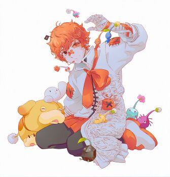  1boy ankle_boots antenna_hair arm_support arm_up asertr asymmetrical_clothes bandaged_arm bandages bandaid bandaid_on_face bandaid_on_nose black_pantyhose blue_pikmin boots bow bowtie chromatic_aberration coat collared_coat colored_sclera colored_shoe_soles commentary crossed_bandaids crossover double-parted_bangs fukase full_body hair_between_eyes head_flag headset ice_pikmin looking_at_viewer male_focus miniskirt mismatched_sclera nintendo no_headwear pale_skin pantyhose parted_lips pikmin_(creature) pikmin_(series) pleated_skirt point_(vocaloid) puffy_sleeves purple_pikmin red_bow red_bowtie red_eyes red_hair red_sclera red_skirt rock_pikmin short_hair simple_background sitting skirt solo three-quarter_sleeves vocaloid wariza white_background white_boots white_coat white_pikmin winged_pikmin yellow_pikmin 