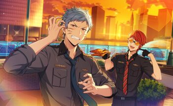  2boys asch_albright belt billy_wise black_gloves blue_necktie breast_pocket collared_shirt facial_mark food gloves grey_hair helios_rising_heroes highres holding holding_food male_focus multiple_boys necktie official_art open_mouth orange-tinted_eyewear orange_eyes orange_hair outdoors pocket shirt short_sleeves sunglasses teeth tinted_eyewear upper_teeth_only 