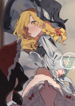 2girls blonde_hair blush bottomless embarrassed hakurei_reimu kirisame_marisa multiple_girls niru_(ka_k_0517) tagme touhou yellow_eyes yuri