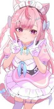  1girl :3 absurdres ahoge animal_ears bell belt blue_bow blue_ribbon blush bow braid breasts cat_ears cat_girl cat_hair_ornament cat_tail cleavage closed_mouth commentary double_v dress extra_ears garter_straps gloves hair_bow hair_ornament hairclip heart heart_print highres indie_virtual_youtuber jingle_bell long_hair looking_at_viewer maid maid_headdress milk_tea_1993 neck_bell neck_ribbon paw_print pink_dress pink_eyes pink_hair pink_tail ribbon simple_background single_garter_strap single_thighhigh smile solo star_(symbol) star_hair_ornament suspenders tail tail_ornament tail_ribbon thigh_belt thigh_strap thighhighs thighs two_side_up v virtual_youtuber white_background white_belt white_dress white_garter_straps white_gloves white_thighhighs yuuki_sakuna yuuki_sakuna_(3rd_costume) 