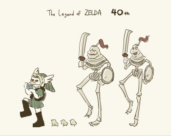 3boys anniversary baby_animal belt bird blonde_hair boots bremen_mask brown_boots chick green_tunic hat holding holding_shield holding_sword holding_weapon instrument king's_lackeys link marching mask multiple_boys music nintendo ocarina playing_instrument shield shield_on_back skeleton sword sword_on_back the_legend_of_zelda the_legend_of_zelda:_majora's_mask tunic urajirogashi weapon weapon_on_back young_link