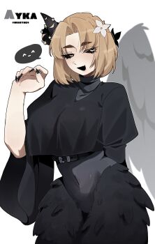  1girl ^_^ absurdres animal_legs belt black_sclera blonde_hair breasts character_name closed_eyes collared_shirt colored_eyebrows colored_sclera cropped_shirt fang feather_trim feathered_wings feathers fingernails flower hair_flower hair_ornament high-waist_belt highres horns large_breasts medium_hair navel ny_000a original sharp_fingernails shirt single_horn skin_fang skinsuit twitter_username wings yellow_eyes 