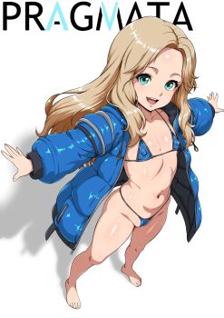  1girl aqua_eyes bad_tag bikini blonde_hair blue_bikini blue_coat breasts cameltoe coat covered_erect_nipples diana_(pragmata) feet female_focus full_body highres kurisutorisu loli navel open_clothes open_coat pragmata simple_background small_breasts smile solo standing stomach swimsuit thighs toes white_background  rating:Questionable score:88 user:CunnyInc