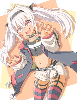  absurdres animal_ears black_headband black_jacket black_shirt black_thighhighs cat_ears claw_pose fake_animal_ears headband highres jacket looking_at_viewer matsukai_mao matsukai_mao_(1st_costume) nijisanji purple_eyes red_thighhighs shirt shorts smile solo striped_clothes striped_thighhighs thigh_strap thighhighs toushirou_(sugarwhite1046) twintails virtual_youtuber white_hair white_shorts  rating:General score:1 user:danbooru