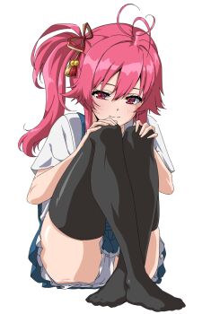  1girl antenna_hair assault_lily black_thighhighs blue_dress blush closed_mouth commentary crossed_ankles dress frilled_dress frills full_body hair_between_eyes hair_ornament hair_ribbon hands_on_own_knees hands_up knees_up long_hair looking_at_viewer mototenn nagasaka_maho no_shoes panties pantyshot pinafore_dress pink_eyes pink_hair red_ribbon ribbon shirt short_dress short_sleeves side_ponytail sidelocks simple_background sitting sleeveless sleeveless_dress smile solo tassel tassel_hair_ornament thighhighs underwear white_background white_panties white_shirt yellow_ribbon 