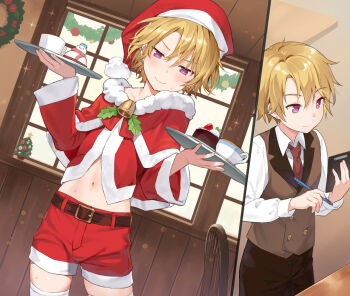  1boy belt blonde_hair blush christmas_ornaments ear_piercing hat highres holding holding_tray konmamion looking_at_viewer male_focus multiple_views navel necktie original piercing purple_eyes santa_costume santa_hat shorts shota sweatdrop thighhighs tray vest 