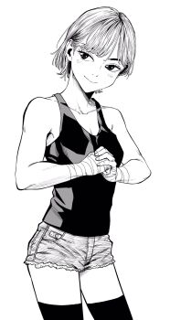  1girl breasts clenched_hand collarbone commentary_request cowboy_shot denim denim_shorts eyebrows_hidden_by_hair greyscale hand_wraps highres lee_(dragon_garou) monochrome original palm-fist_greeting short_shorts shorts small_breasts smile solo tank_top thighhighs 