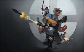  4boys arrow_(projectile) black_boots blu_engineer_(tf2) blu_scout_(tf2) blu_sniper_(tf2) blu_soldier_(tf2) blue_coat blue_shirt boots bow_(weapon) coat collared_shirt combat_helmet cowboy_hat engineer_(tf2) explosive firing game_cg gloves goggles grenade grey_pants gun hat helmet holding holding_bow_(weapon) holding_gun holding_rocket_launcher holding_weapon holding_wrench huntsman_(tf2) male_focus multiple_boys official_art overalls pants rocket rocket_launcher scout_(tf2) shirt short_sleeves single_glove sniper_(tf2) soldier_(tf2) standing team_fortress_2 third-party_source weapon white_hat wrench yellow_gloves  rating:General score:1 user:danbooru