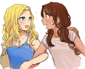  2girls :d backpack bag blonde_hair blue_camisole blue_eyes blush breasts brown_bag brown_eyes brown_hair camisole cleavage collarbone commentary_request flying haley_(stardew_valley) jewelry lia_(retiredstarmiya) locked_arms looking_at_another low_twintails medium_breasts medium_hair multiple_girls necklace nervous open_mouth player_character_(stardew_valley) profile shirt short_sleeves shoulder_bag simple_background smile stardew_valley twintails upper_body wavy_hair white_background white_shirt 