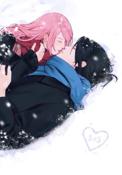  1boy 1girl artist_name black_coat black_hair blue_scarf blurry blurry_foreground boruto:_naruto_next_generations chromatic_aberration closed_eyes closed_mouth coat commentary couple dutch_angle earrings english_commentary face-to-face hand_on_another's_arm haruno_sakura hetero highres husband_and_wife imminent_kiss initial jewelry long_hair lying naruto_(series) on_floor ornate_ring pink_hair red_scarf ring scarf silver_ring snow snow_on_clothes snow_on_head stud_earrings swept_bangs tenartistt uchiha_sasuke upper_body wedding_ring winter winter_clothes 