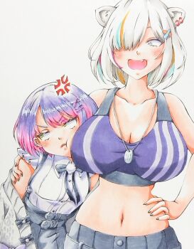  2girls :d alternate_breast_size_(larger) alternate_hair_length_(shorter) anger_vein animal_ear_piercing animal_ears asymmetrical_bangs averting_eyes bare_arms bare_shoulders beniton black_bow black_bowtie black_nails black_shorts black_skirt black_sports_bra blonde_streaks blue_streaks blush bob_cut bow bowtie breast_envy breast_smother breasts cardigan cheek_press cleavage collared_shirt commentary commentary_request crop_top curvy dog_tags ear_piercing face_to_breasts facing_viewer fang frilled_shirt frilled_sleeves frills gradient_hair green_eyes grey_cardigan grey_eyes grey_hair hair_ornament hair_over_one_eye hairclip hand_on_another's_shoulder hand_on_own_hip height_difference high-waist_skirt hololive large_breasts lion_ears looking_at_another looking_to_the_side marker_(medium) multicolored_hair multiple_girls multiple_piercings nail_polish navel off_shoulder official_alternate_costume official_alternate_hairstyle open_cardigan open_clothes open_mouth parallel_hairclips piercing pink_streaks pleated_skirt pom_pom_(clothes) pom_pom_brooch purple_hair shirt shishiro_botan shishiro_botan_(button-down) short_hair short_sleeves shorts simple_background skirt smile sports_bra stomach streaked_hair suspender_skirt suspenders tokoyami_towa tokoyami_towa_(jirai_kei) traditional_media v-shaped_eyebrows virtual_youtuber white_shirt 