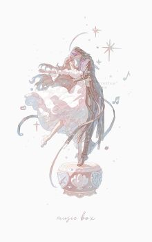  1boy 1girl arm_around_back black_boots black_coat black_pants boots breasts brown_hair chaoxibumian closed_mouth coat commentary couple dancing dress full_body hetero highres hood hood_up hooded_coat long_coat long_dress long_hair looking_at_viewer love_and_deepspace medium_breasts music_box musical_note official_alternate_costume pants parted_lips protagonist_(love_and_deepspace) purple_hair rafayel_(love_and_deepspace) shoes short_hair smile sparkle symbol-only_commentary white_background white_dress white_shoes 