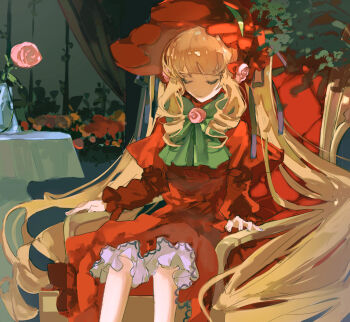  1girl blonde_hair blunt_bangs bow bowtie closed_eyes closed_mouth dress drill_hair drill_sidelocks flower green_bow green_bowtie hashtag-only_commentary hat highres long_sleeves pink_flower pink_rose red_dress red_hat rose rozen_maiden shinku shru_(ss_sl99) sidelocks sitting solo twintails 