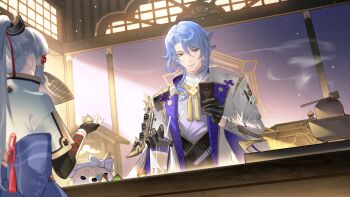  1boy 1girl absurdres agemaki_knot arm_guards armor asymmetrical_armor asymmetrical_hair ayaka_(genshin_impact) black_armor black_gloves black_vest blue_eyes blue_hair blue_jacket blunt_tresses blurry brother_and_sister bubble_tea card card_game chagama_(pot) chinese_commentary chinese_knot closed_mouth coat colored_lapels commentary_request cup curtained_hair depth_of_field dice disposable_cup dog drinking_straw elbow_gloves fingerless_gloves flower_knot folding_fan folding_screen genius_invokation_tcg genshin_impact gloves gold_trim grey_hair guaisanmu hair_between_eyes hair_ornament hair_over_shoulder hair_ribbon hair_tubes half_gloves hand_fan hand_up high_ponytail highres holding holding_card holding_cup holding_dice indoors jacket japanese_armor kamisato_ayato ladle lapels light_particles long_sleeves looking_at_object looking_down male_focus medium_hair mole mole_under_mouth open_clothes open_coat parted_bangs playing_card ponytail popped_collar purple_shirt red_ribbon ribbon shiba_inu shirt short_sleeves shoulder_armor siblings single_sode smile sode taroumaru_(genshin_impact) tassel tress_ribbon two-sided_coat two-sided_fabric vest white_coat wide_sleeves 