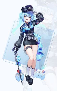  46_coffee arahashi_tabi black_hat black_jacket black_necktie black_skirt blue_eyes blue_hair gaiters hat highres holding holding_staff holster jacket necktie peaked_cap shirt skirt staff stellive thigh_holster thighs white_shirt 