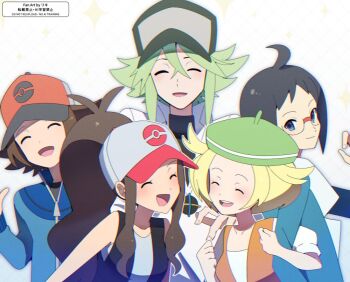  2girls 3boys backwards_hat baseball_cap bianca_(pokemon) black_hair blonde_hair blue_jacket brown_hair cheren_(pokemon) commentary_request green_hair hat hilbert_(pokemon) hilda_(pokemon) jacket multiple_boys multiple_girls n_(pokemon) nintendo poke_ball_print pokemon pokemon_bw riki_(inushima_) smile zipper_pull_tab 