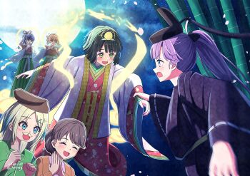  6+girls ahoge anyoji_hime bamboo black_kimono blonde_hair blue_eyes blue_hair blunt_bangs blunt_ends bob_cut brown_hair brown_hat commentary_request cosplay dated eye_contact fake_facial_hair fake_mustache fujishima_megumi full_moon gradient_hair green_eyes green_hair green_hakama hagoromo hair_ornament hairclip hakama hakama_skirt haori hat highres hinoshita_kaho holding_another's_wrist japanese_clothes kaguya_hime kaguya_hime_(cosplay) kimono link!_like!_love_live! looking_at_another love_live! momose_ginko moon multicolored_hair multiple_girls murano_sayaka night open_mouth outdoors parody pink_hair pink_haori ponytail red_kimono roze_(ro_z7) shawl short_hair signature skirt taketori_monogatari tearing_up virtual_youtuber 