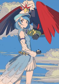  1girl black_gloves blue_dress blue_eyes blue_hair blue_hat blue_sky braviary character_request closed_mouth cloud cogecha commentary_request day detached_sleeves dress gen_5_pokemon gloves hat highres holding long_sleeves nintendo outdoors peaked_cap pleated_dress pokemon pokemon_(creature) puffy_long_sleeves puffy_sleeves sky sleeveless sleeveless_dress smile standing white_sleeves 