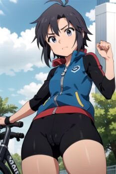 1girl ai-generated antenna_hair bike_shorts black_eyes black_hair cameltoe cleft_of_venus idolmaster idolmaster_(classic) kikuchi_makoto looking_at_viewer short_hair rating:Explicit score:8 user:AdrielGR