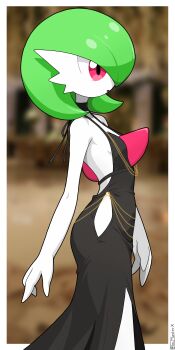  1girl arm_at_side artist_name backless_dress backless_outfit bare_shoulders black_dress blurry blurry_background bob_cut border breasts brown_background chain clothing_cutout collarbone colored_skin dress female_focus from_side gardevoir gen_3_pokemon gold_chain green_hair hip_vent long_dress masterx nintendo open_mouth outside_border pokemon pokemon_(creature) profile red_eyes short_hair side_slit signature small_breasts solo spaghetti_strap standing twitter_username white_border white_skin 
