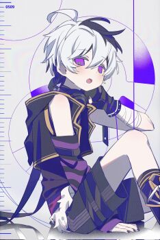  1girl :o adjusting_headphones ahoge androgynous ankle_boots arm_between_legs arm_warmers bad_id bad_twitter_id bandaged_arm bandages bare_shoulders black_arm_warmers black_boots black_gloves black_hair black_jacket black_nails black_shirt black_shorts black_socks blush boots colored_eyelashes colored_inner_hair corrupted_twitter_file crop_top cropped_jacket dated double-parted_bangs double_horizontal_stripe expressionless feet_out_of_frame fingerless_gloves flower_(vocaloid) flower_(vocaloid4) from_below from_side fur-trimmed_skirt fur_trim gloves grey_background grey_pupils hair_between_eyes hand_up headphones headphones_around_neck highres hood hood_down hooded_jacket huge_ahoge inactive_account jacket kinou0601 knee_up kneehighs lace-up_boots looking_at_viewer microskirt multicolored_hair nail_polish open_mouth pale_skin pink_skirt purple_arm_warmers purple_background purple_eyes shirt short_hair shorts simple_background single_arm_warmer single_bare_arm single_fingerless_glove single_glove sitting skirt sleeveless sleeveless_jacket sleeveless_shirt socks solo streaked_hair striped_arm_warmers tareme tomboy tongue two-tone_background two-tone_hair vocaloid white_hair yellow_trim 